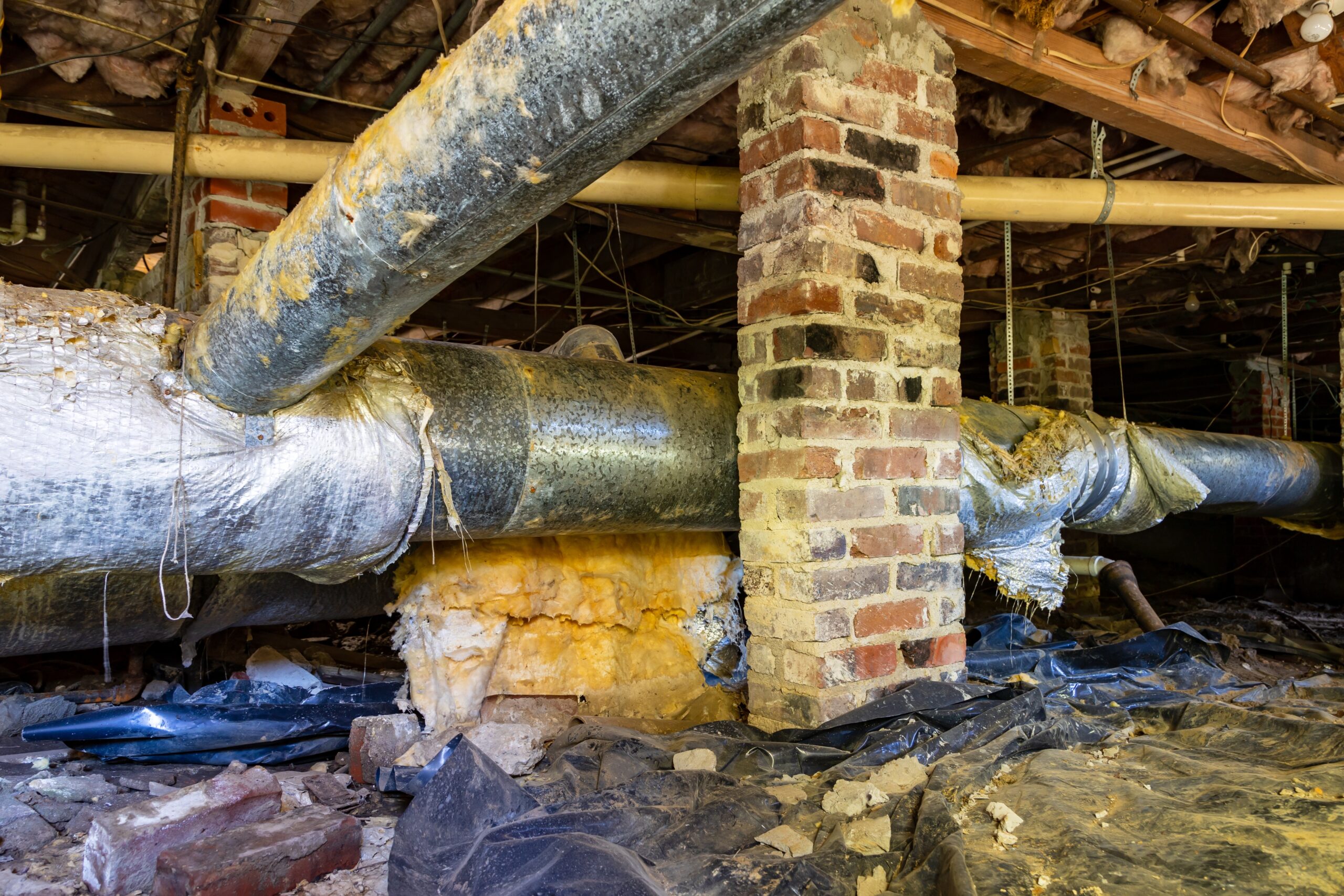 dirty crawl space with AC equipment