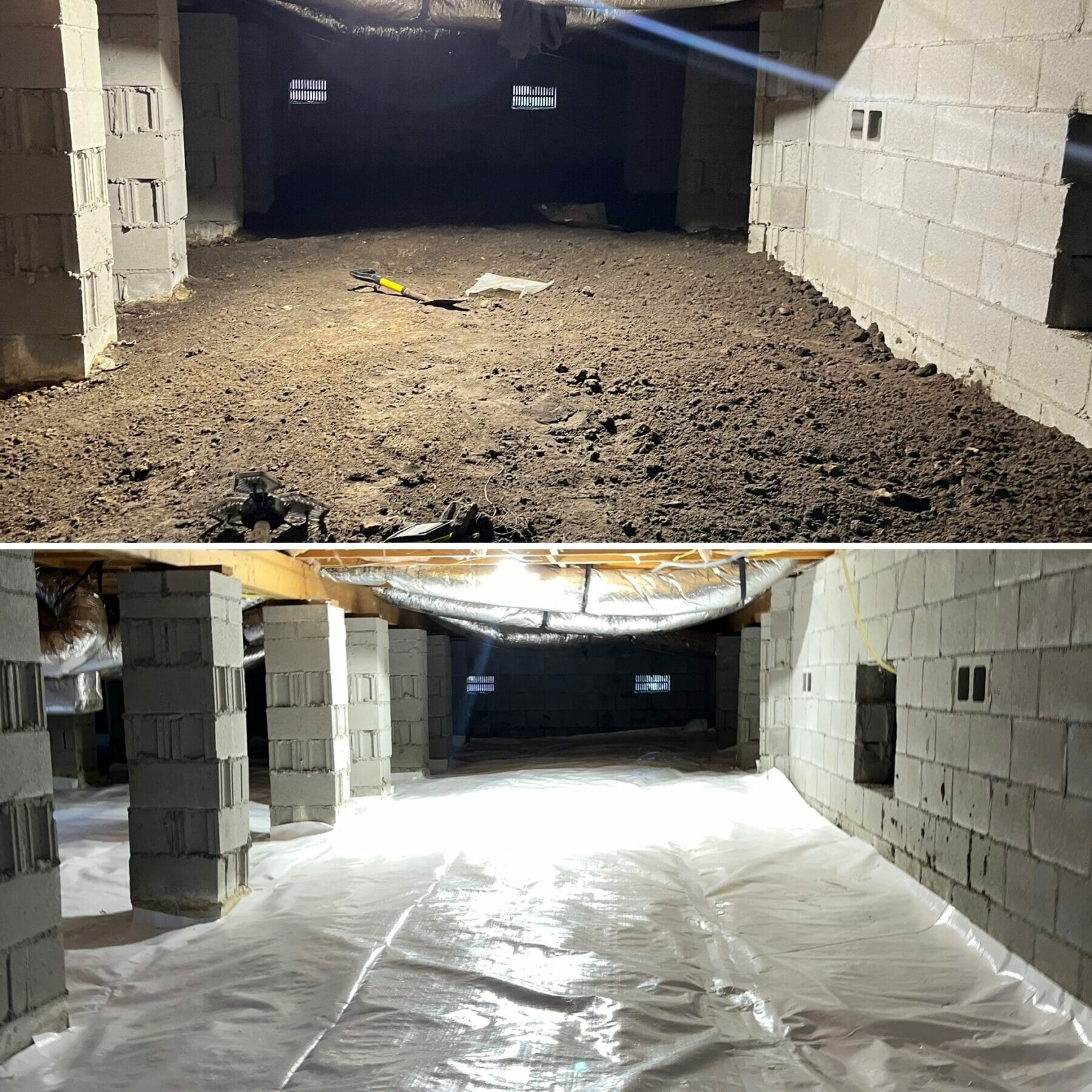 Before and after of vapor barrier installation