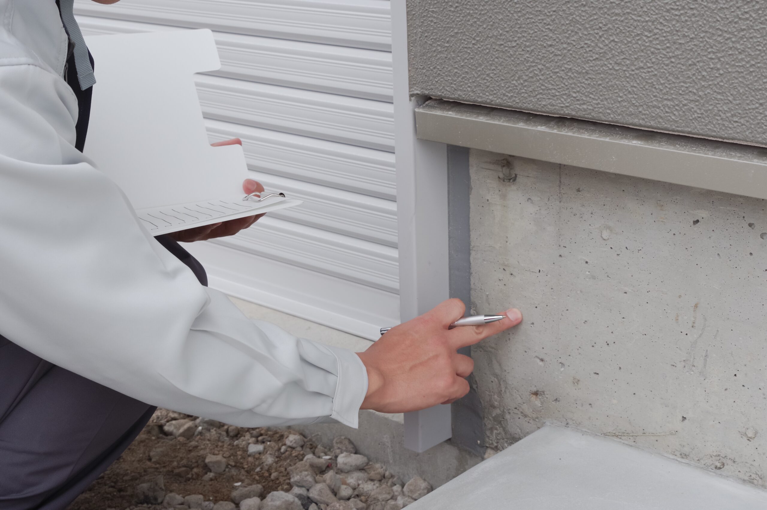 technician inspecting the foundation of a house