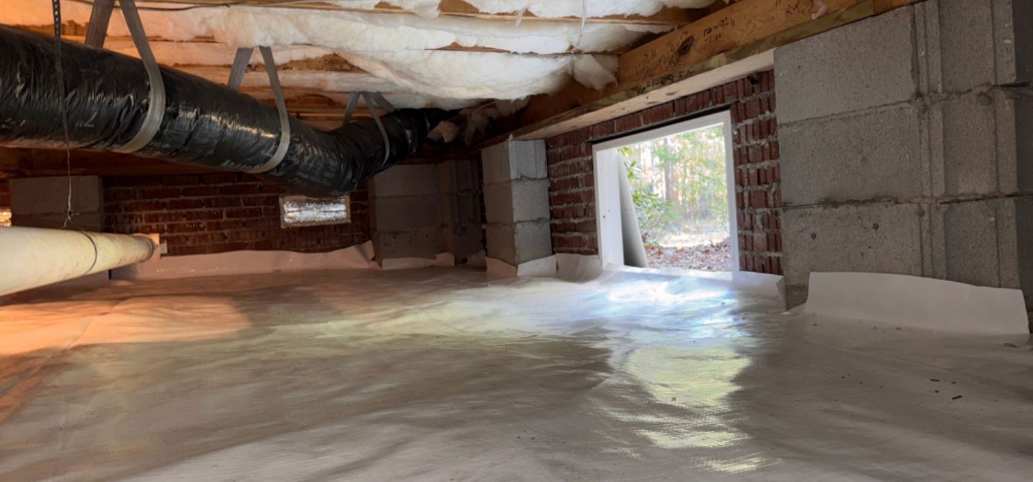 Clean crawl space with white vapor barrier installed on the floor and walls, exposed insulation above, and foundation vents allowing natural light inside.