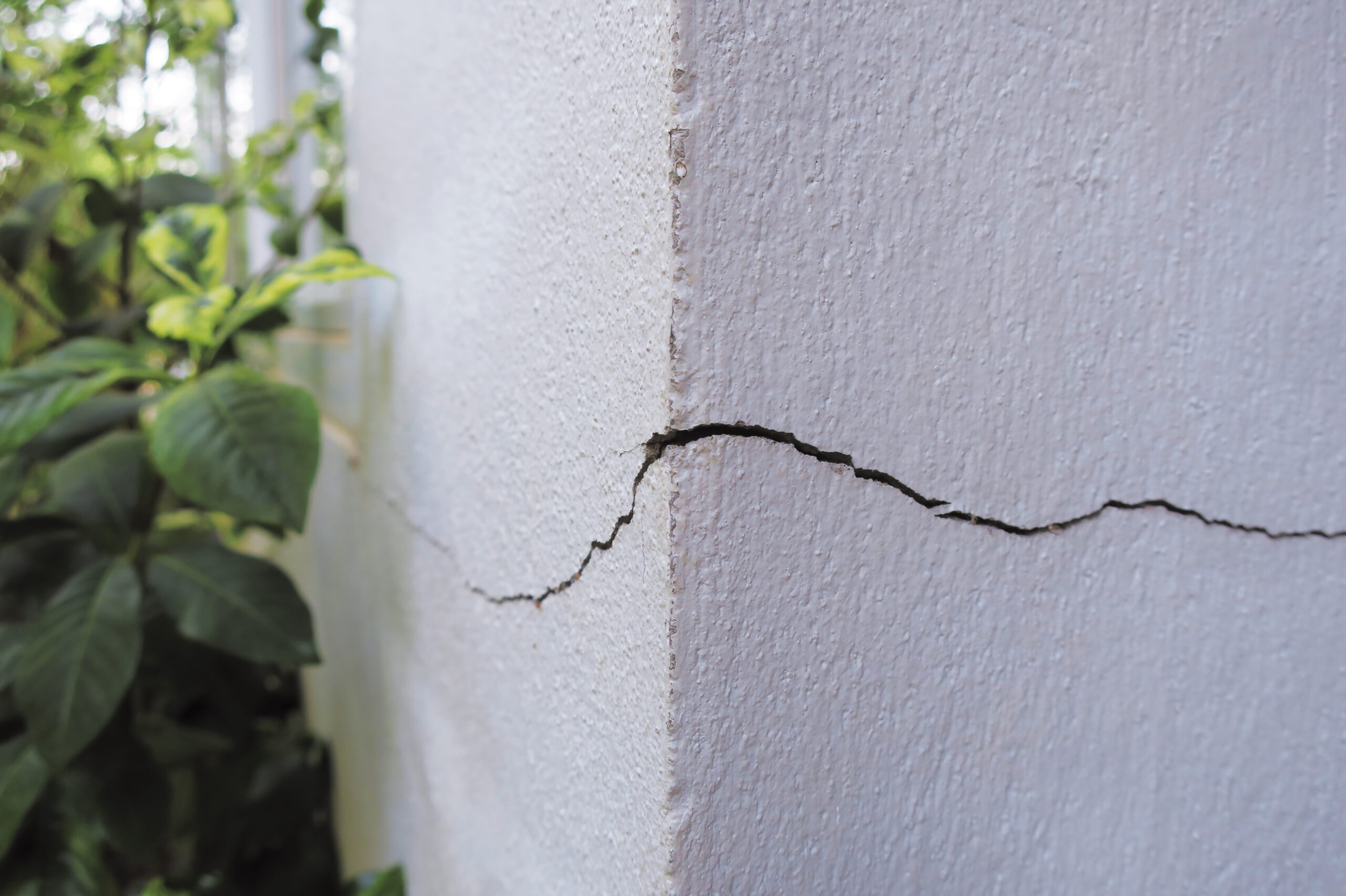 A close-up of a horizontal crack running across the corner of a concrete foundation wall, indicating potential structural damage.