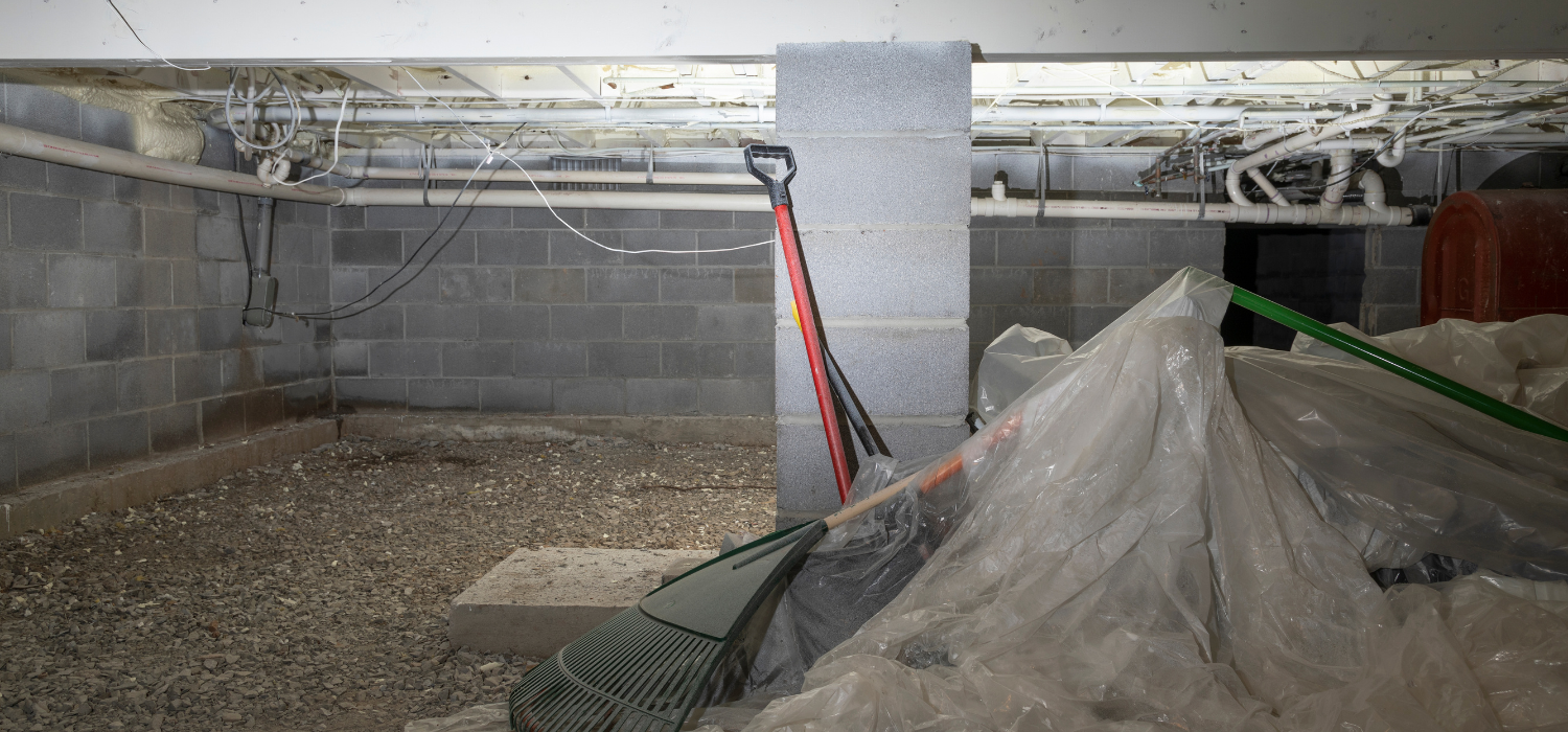 A crawl space with exposed soil, concrete block walls, pipes, tools, and plastic sheeting showing early stages of repair or maintenance work.